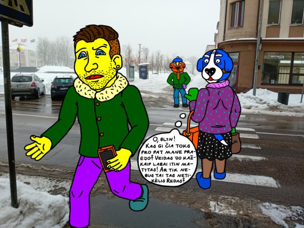 Musė Šunėnienė Kupiškio centrinės gatvės perėjoje prasilenkia su chuliganu Redu Kernaviu - Computer graphics
