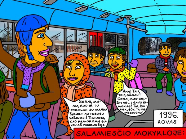 Mokyklinis Salamiesčio prisiminimas apie važiavimą su rajono autobusu per Bakšėnus, link mokyklos su kitais mokiniais ir mama - Computer graphics