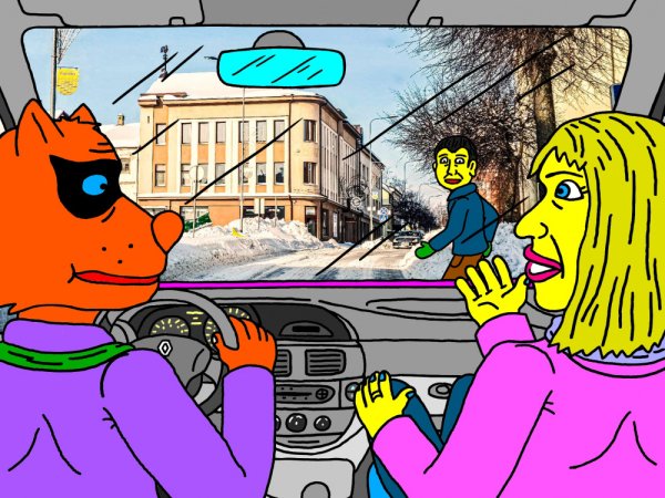 Mėlynakis Lakišius ir Elinga važiuoja Kupiškio centrine gatve su Mėlynakio automobiliu - Computer graphics