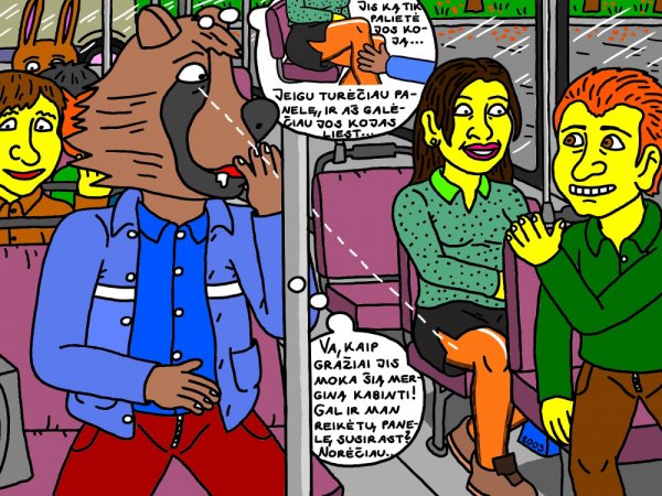 Ingridos nekenčiamas mokinys Usūrinis autobuse važiuodamas namo užsižiūrėjo į merginą Moncę ir užsisvajojo - Computer graphics