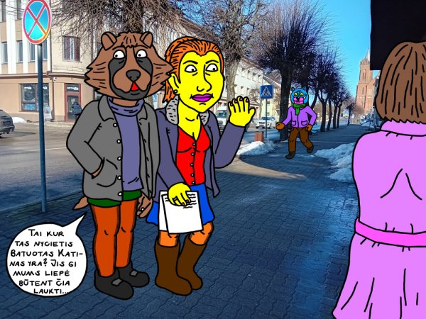Vyriškis Usūrinis Kumštis su žmona atėjo mieste susitikti su nyciečiu Batuotu Katinu, dėl savo darbo reikalų - Computer graphics