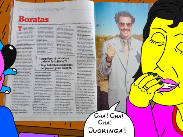 Katinų pora drauge juokiasi iš interviu su Boratu, išspausdinto vyrų žurnale "FHM" - Computer graphics