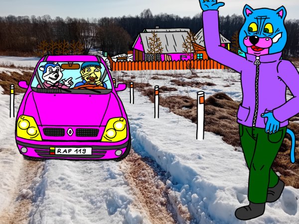 Nuo "Papyvesio" sodybos pusės į kalvą kyla prižiūrėtojų vairuojamas automobilis ir jį pamato Batuotas Katinas - Computer graphics