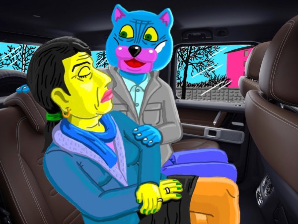 Katinų poros kelionė su savuoju "Mercedesu Geliku" važiuojant per Panevėžio miestą - Computer graphics