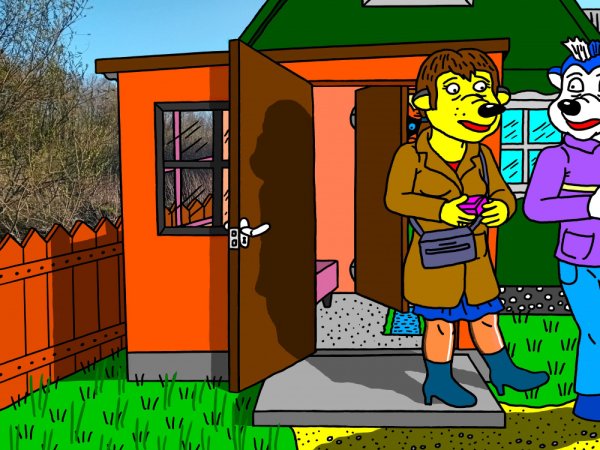Katinų "Papyvesio" sodybos kieme pro atviras duris Diana ir Pepinas išskuba lauk dėl išvažiavimo - Computer graphics