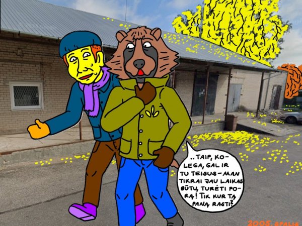 Vyriškis Usūrinis Kumštis su kolega išeina po darbo laiko iš savo darbovietės miesto plytų gamykloje - Computer graphics