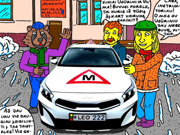 Vyriškis Usūrinis Kumštis ir jo vėl draugė Vilma mieste pradėjo kartu mokytis vairuoti automobilį - Computer graphics