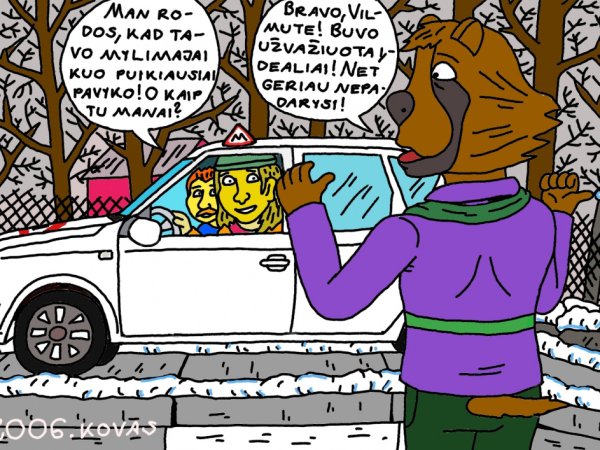 Vyriškis Usūrinis Kumštis ir jo draugė Vilma vienas kitą palaiko, mokydamiesi vairuoti automobilį - Computer graphics