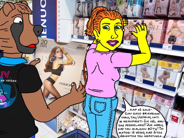 Vyriškiui Usūriniui Kumščiui jo žmona Viktorija prekybcentryje bando išrinkti ir nupirkti naujas pėdkelnes - Computer graphics