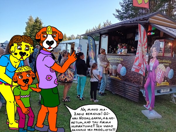 Raigardas Šunėnas per Jonines Kupiškyje su žmona ir sūneliu stovi eilėje prie skanėstų pirkimo - Computer graphics