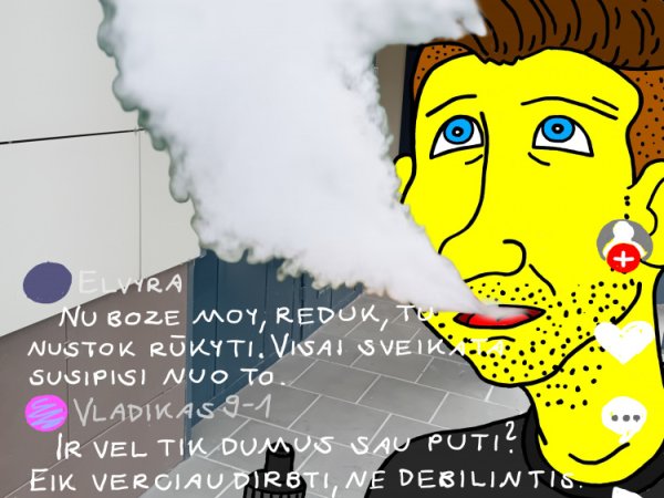 Chuliganas Redas Kernavis tiesiog vis rūko savo "veipą", filmuodamas savo eilinį "TikTok" video - Computer graphics