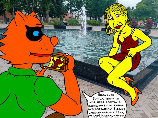 Mėlynakis Lakišius fotkina draugę Elingą prie miesto centro fontano, daro jai erotinę fotosesiją - Computer graphics