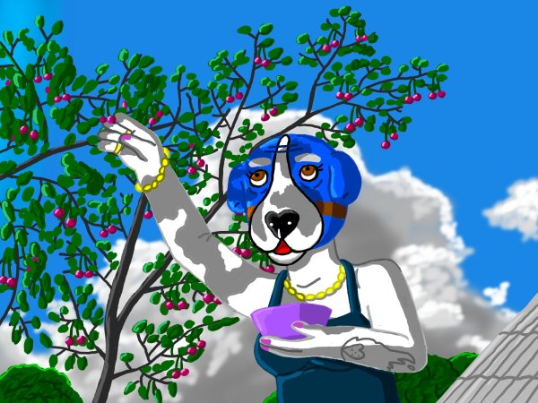 Businesswoman Musė Šunėnienė picks ripe cherries on her homestead on a day off from business work - Computer graphics