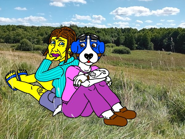 Archaeologist Luna Dragonienė and Musė Šunėnienė sit on the Old Mound, their backs leaning against each other - Computer graphics