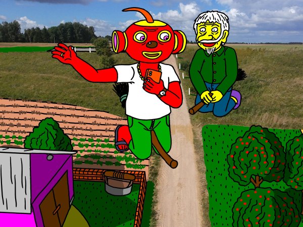 Wizards Tukurutis and Malkomas fly on broomsticks to the Papyvesis Valley, towards the rural tourism homestead - Computer graphics