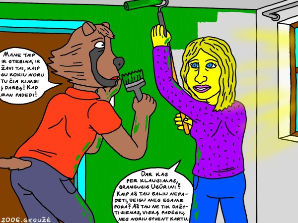 The male Usurinis Kumštis and his friend Vilma are painting a room together in their village home - Computer graphics