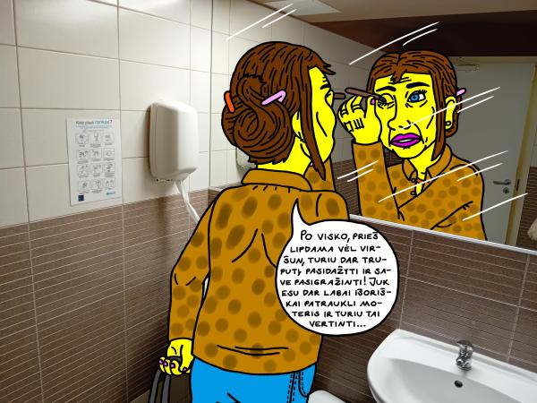 Archaeologist Luna is applying mascara to her eyelashes in the Panevėžys library restroom to look more beautiful - Computer graphics