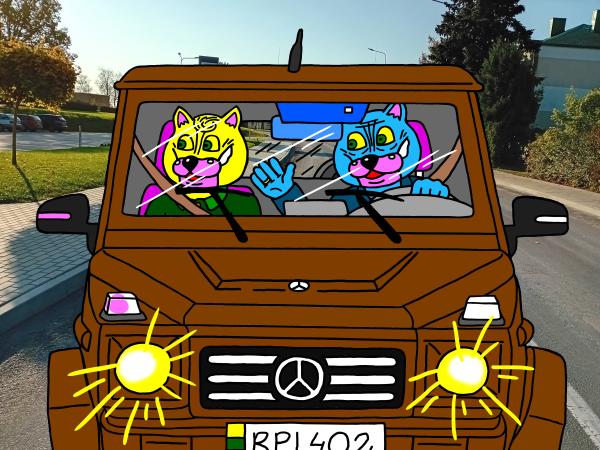 Puss in Boots and Naitmenas are driving through Kupiškis—along one of its streets—in their "Mercedes G-Wagon." - Computer graphics