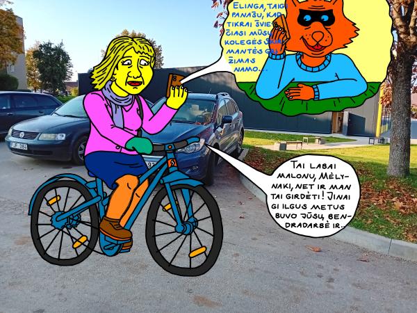 Elinga, a friend of Blue-eyed Lakišius, is cycling from her home in the city while talking to him on the phone - Computer graphics