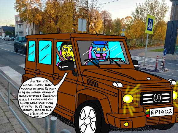 Batuotas and Ksena the cats are once again driving along the main street of Panevėžys in a "Mercedes Gelik" - Computer graphics