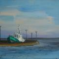 " Single green boat " - Oil painting - drawing