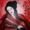 Portrait of geisha with fan - Oil painting - drawing