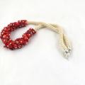 Beige bead crochet necklace with red coral stone - Necklace - beadwork