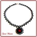 Black necklace with red cabochon - Necklace - needlework
